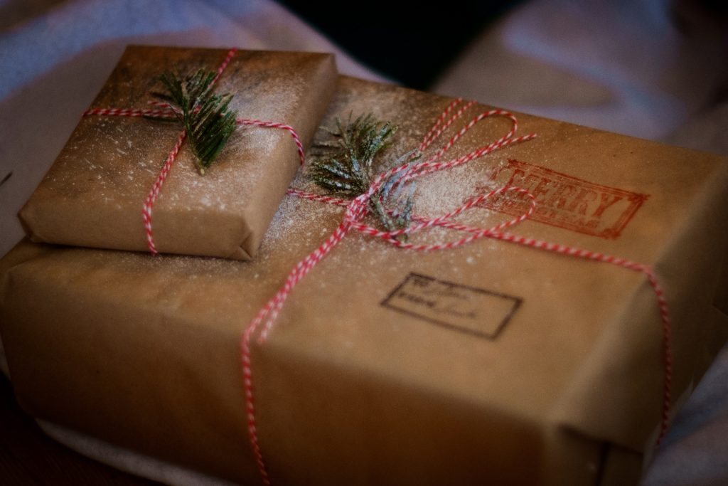 Christmas presents in brown paper